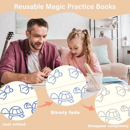 4 Pcs Reusable Grooved Handwriting Practice Books, Magic Practice Copybook with Disappearing Ink Pens Pencil Grips, Handwriting Workbook Letter Tracing Books for Kindergarten Preschool Kids Age 3-8