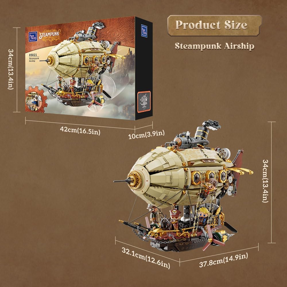 PANTASY Steampunk Airship Model Kit for Adults, Dual-Layer Zeppelin with Gear-Driven Mechanical System, DIY Building Blocks Set, Retro Sci-Fi Construction Toy for Collectors & Display
