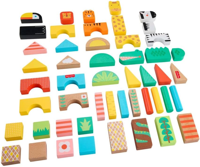 Fisher-Price Wood Toddler Toy Castle Block Set, 28 Wooden Pieces for Stacking Developmental Play Preschool Kids Ages 2+ Years