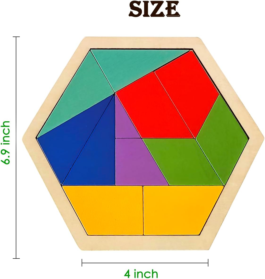 KINGOU Wooden Hexagon Puzzle Tangram for Kids and Adults, 12 Large Pieces Montessori Geometric Shape Brain Teasers, STEM Logic Game Learning Toy, Creative Desktop Coffee Table Travel Puzzle Gift