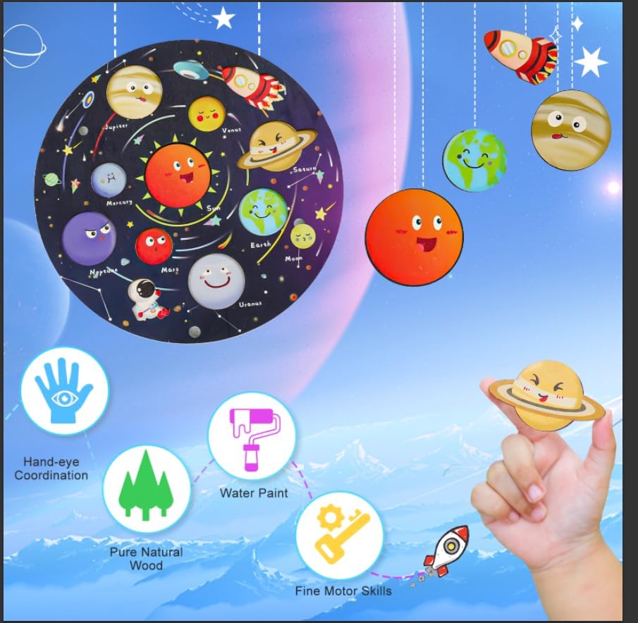 Zeoddler Solar System Puzzle for Kids 3-6, Wooden Space Toys, Planets for Kids, Preschool Learning Activities, Gift for Boys, Girls