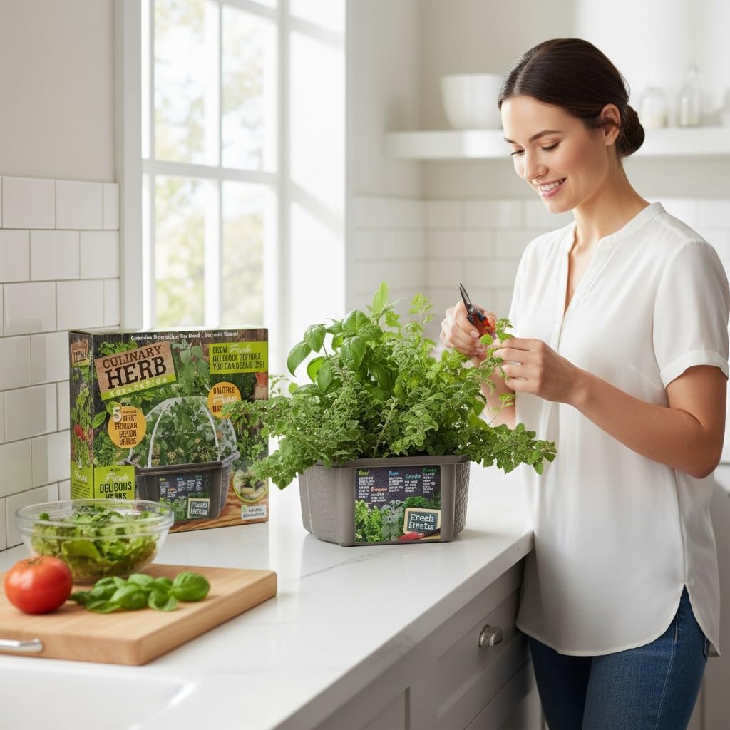 Herb Indoor Kitchen Window Garden Terrarium Starter Kit - Grow Your Own Basil, Oregano, Rosemary Sage, Cilantro, & Parsley - Includes Soil, Seeds & Complete Supplies - Unique Indoor House Plants