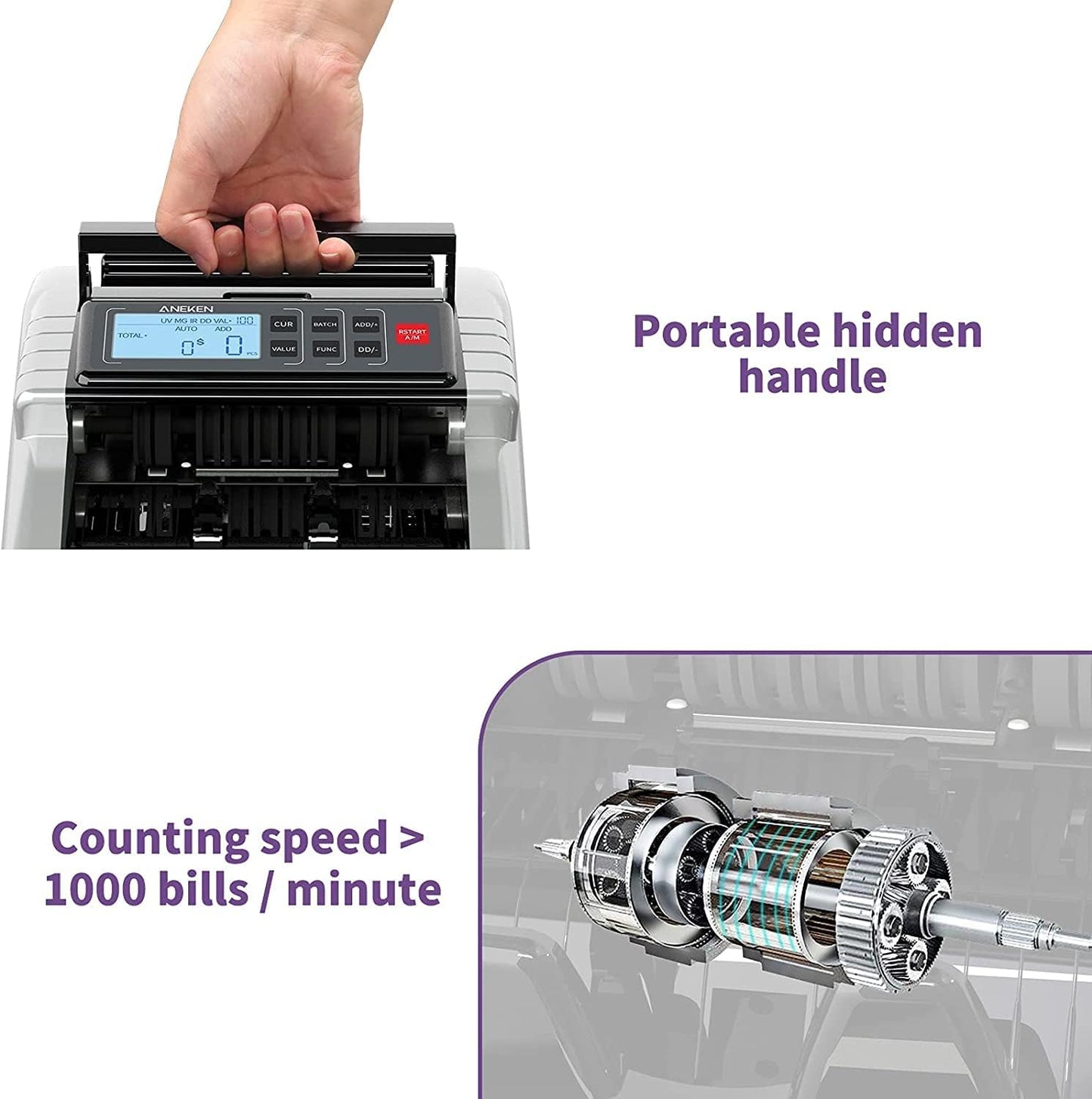 Aneken Money Counter Machine with Value Count, Dollar, Euro UV/MG/IR/DD/DBL/HLF/CHN Counterfeit Bill Detectors，Add and Batch Modes, Cash Counter with LCD Display