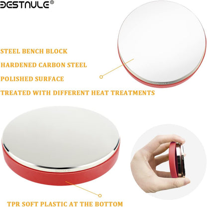 BESTNULE Professional Steel Bench Block, Covered with TPR Soft Plastic at the Bottom, Metal Stamping Table Mirror, Polishing with Chrome Plating for Jewelry Stamping Tools, (Dia: 3”, H: 19/32”)