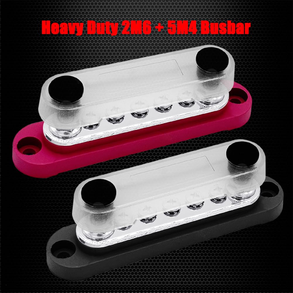 2 x #10 (M5) Studs Power Distribution Block with 5 x #8 (M4) Screws, Ampper 4.2" Bus Bar 12V Power Distribution Terminal Block Battery Busbar for Car Audio Solar (Red & Black)