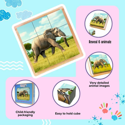 6-in-1 Wooden Animal Puzzle – Montessori Cube Toy for Kids – Realistic Farm Animals Educational Wood Blocks for Toddlers Ages 3–6