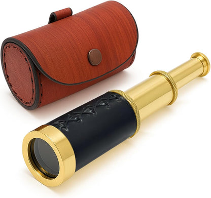 NauticalMart Brass Spyglass Telescope with Leather Case - 6 Inch Handheld Pirate Navigation Telescope for Young and Adults, Perfect Nautical Collectible and Gift for Adventure Seekers