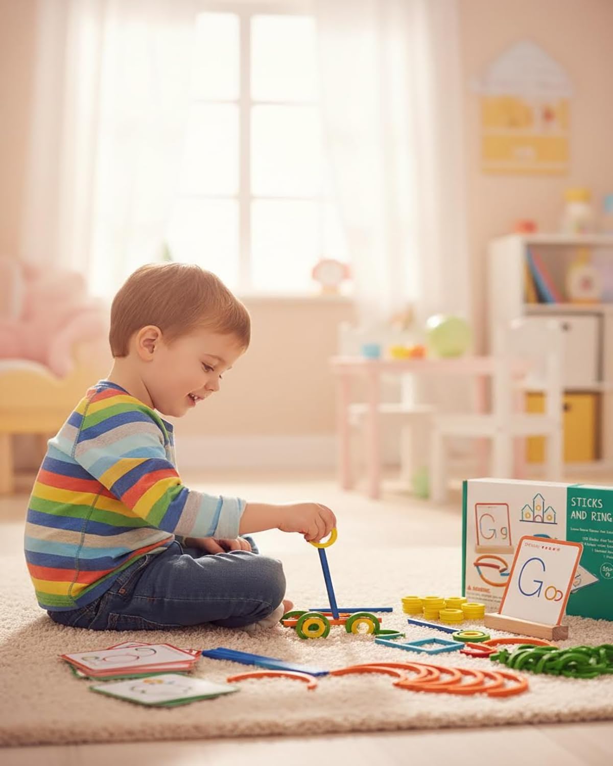 120-Piece Wooden Pattern Blocks Set with Sticks and Rings - Montessori Shape Puzzles for 3-8 Year Olds, Ideal Educational Toy for Preschool and Kindergarten Kids
