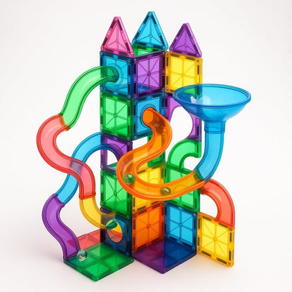 Magnetic Building Tiles Marble Run Set, 115 Pieces STEAM Construction Blocks with Marble Run Track, Educational STEM Toy for Kids Ages 3+, Rainbow Colors