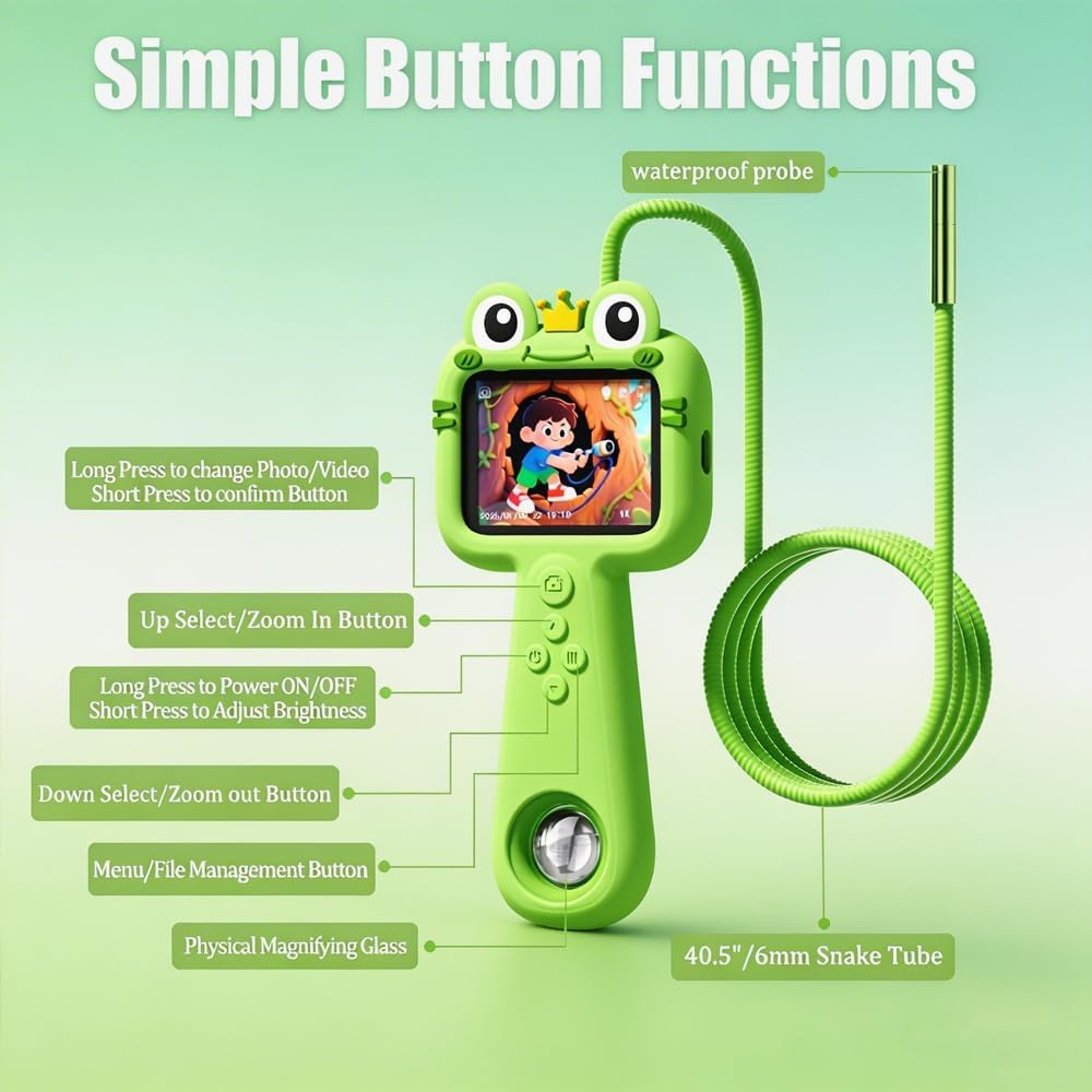Borescope Camera with Light for Kids - STEM Science Educational Toy for 4-10 12Years Old, Educational Boys Girls Birthday Gift, Snake Scope Camera for Outdoor Camping Nature Exploration (Green)