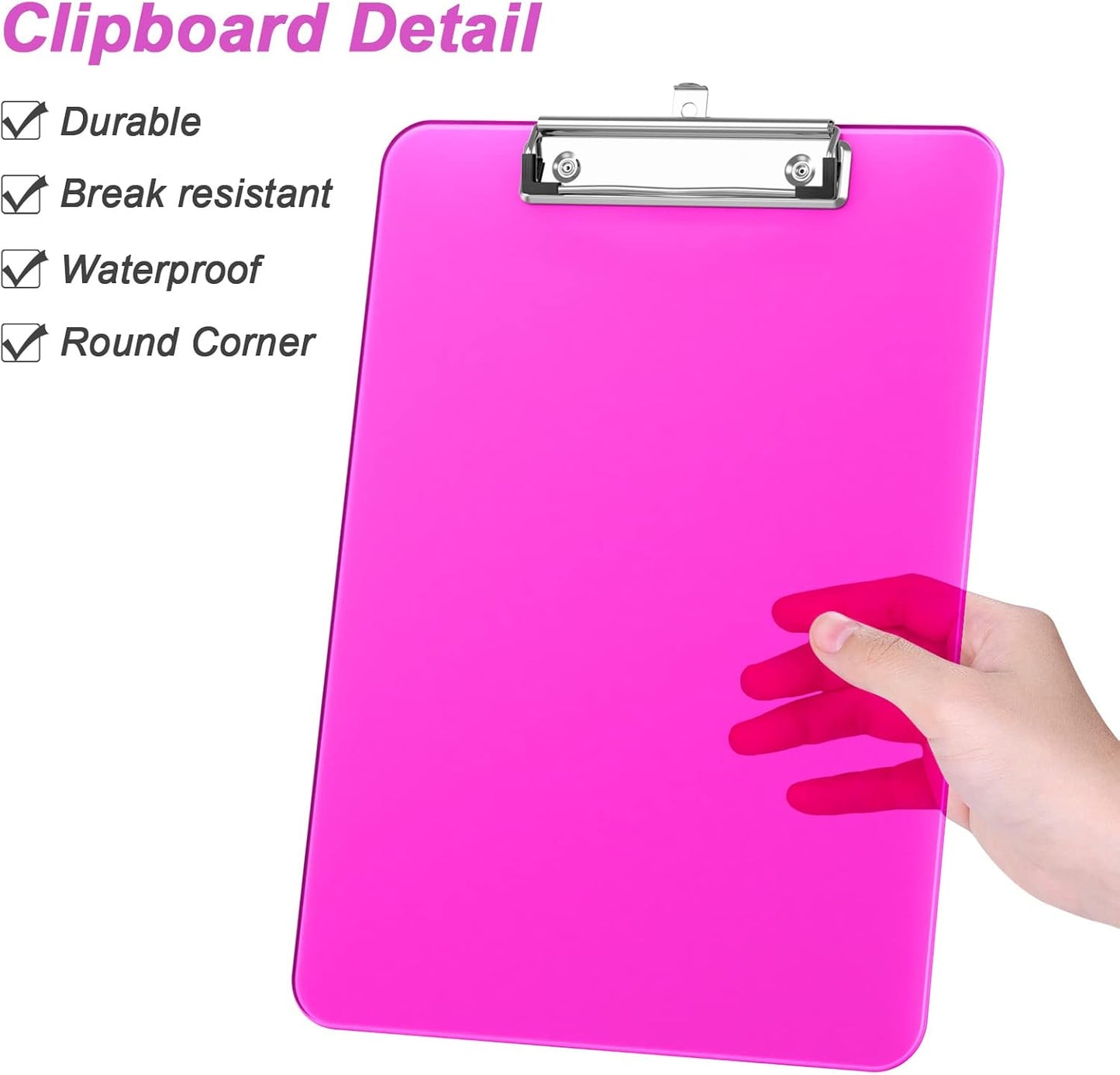 Rimilak Plastic Clipboards with Low Profile Metal Clip, Translucent Board, 12.5 x 9 In Letter Size, Office Supply, Back to School, Pink
