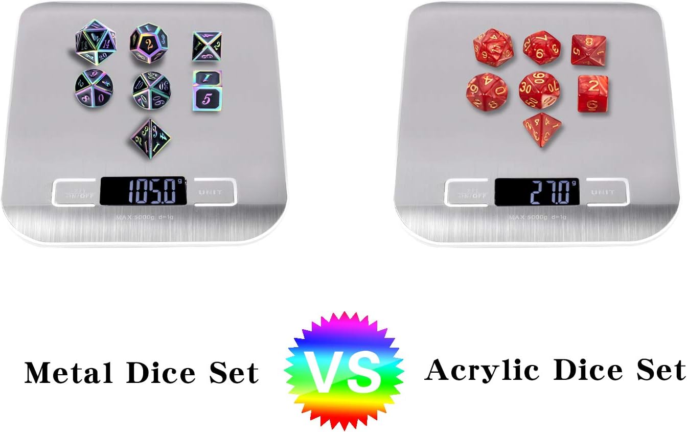 DnDnD Heavy Polyhedral Metal Dice Set with Metal Box, 7-die Shiny Blue Surface with Golden Number for RPG,Dungeons and Dragons,Pathfinder,Shadowrun,D&D,Role Palying Game and Math Teaching - Colors B