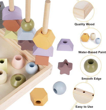 Montessori Toys for 3 Year Old - Wooden Lacing Beads & Stacking Blocks Toys for 3 4 5 Year Old Girl Boy Easter Birthday Gifts, Preschool Learning Activities With Beads Sequencing Set for Kids Age 3+