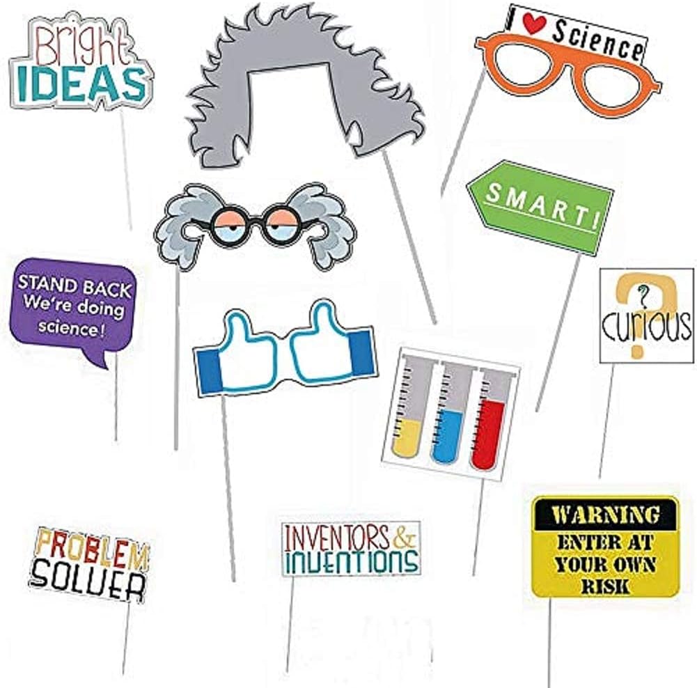 12Pcs Science Photo Booth Props with Stick Mad Scientist Selfie Props Chemistry Laboratory Party Supplies Boy Girl First 1st Bday Baby Shower