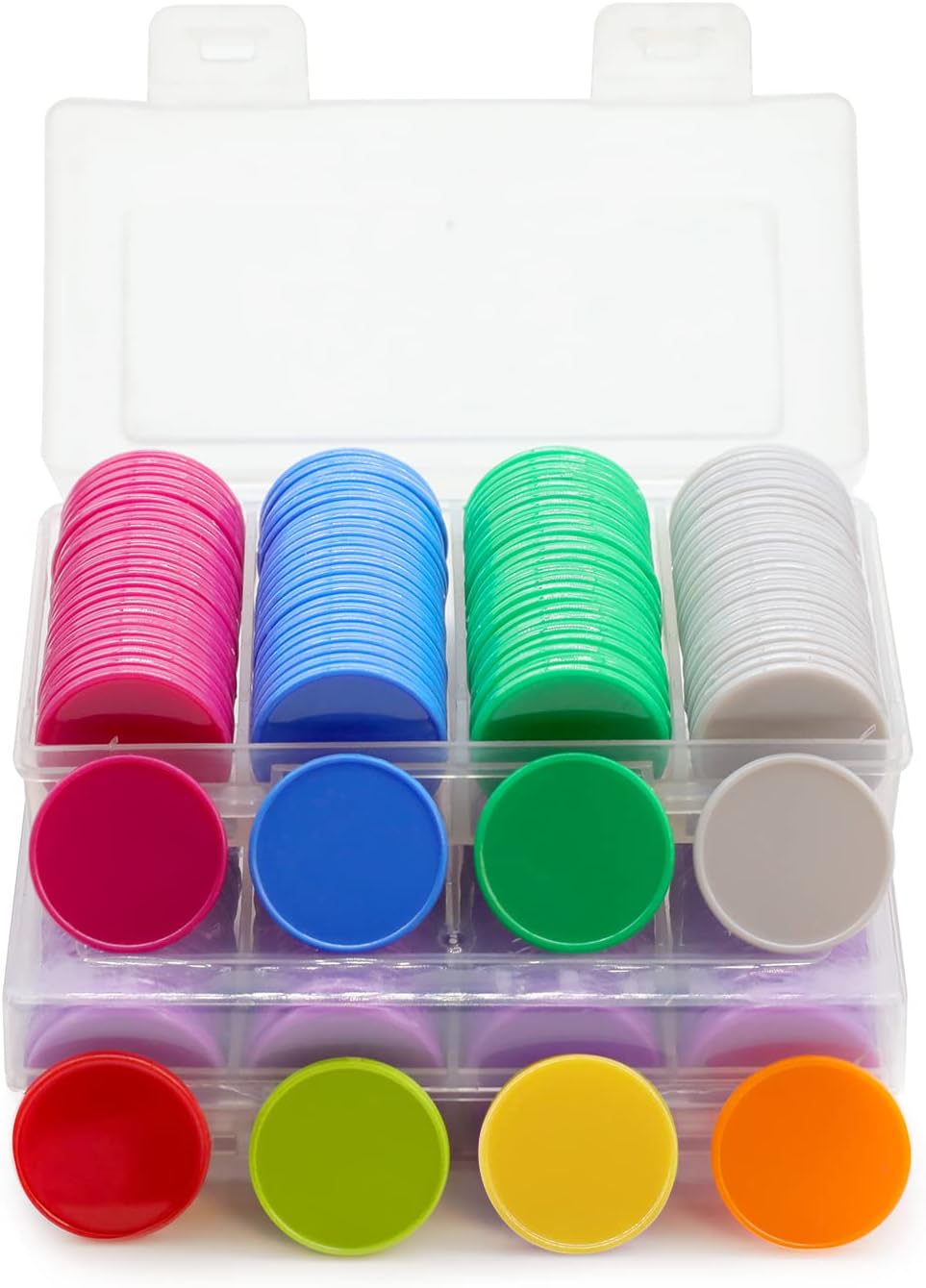Set of 100 Opaque Plastic Learning Counters Mini Poker Chips Game Tokens with Storage Box (Black+White+Blue+Purple, 1 Inch)