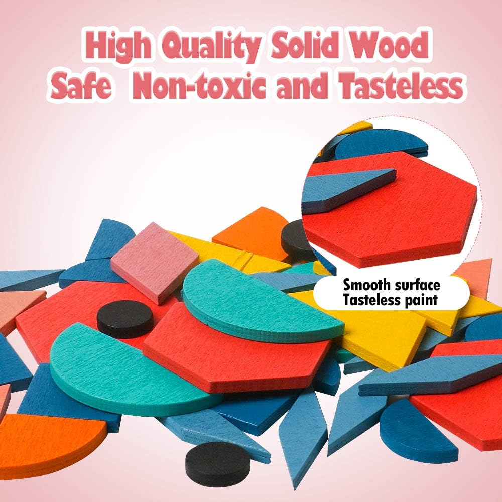 USATDD 180 Pcs Wooden Tangrams Pattern Blocks Set Geometric Manipulative Shape Puzzle Kindergarten Classic Educational Montessori Toys for Kids Toddlers Ages 4-8 with 24 Pcs Flash Cards