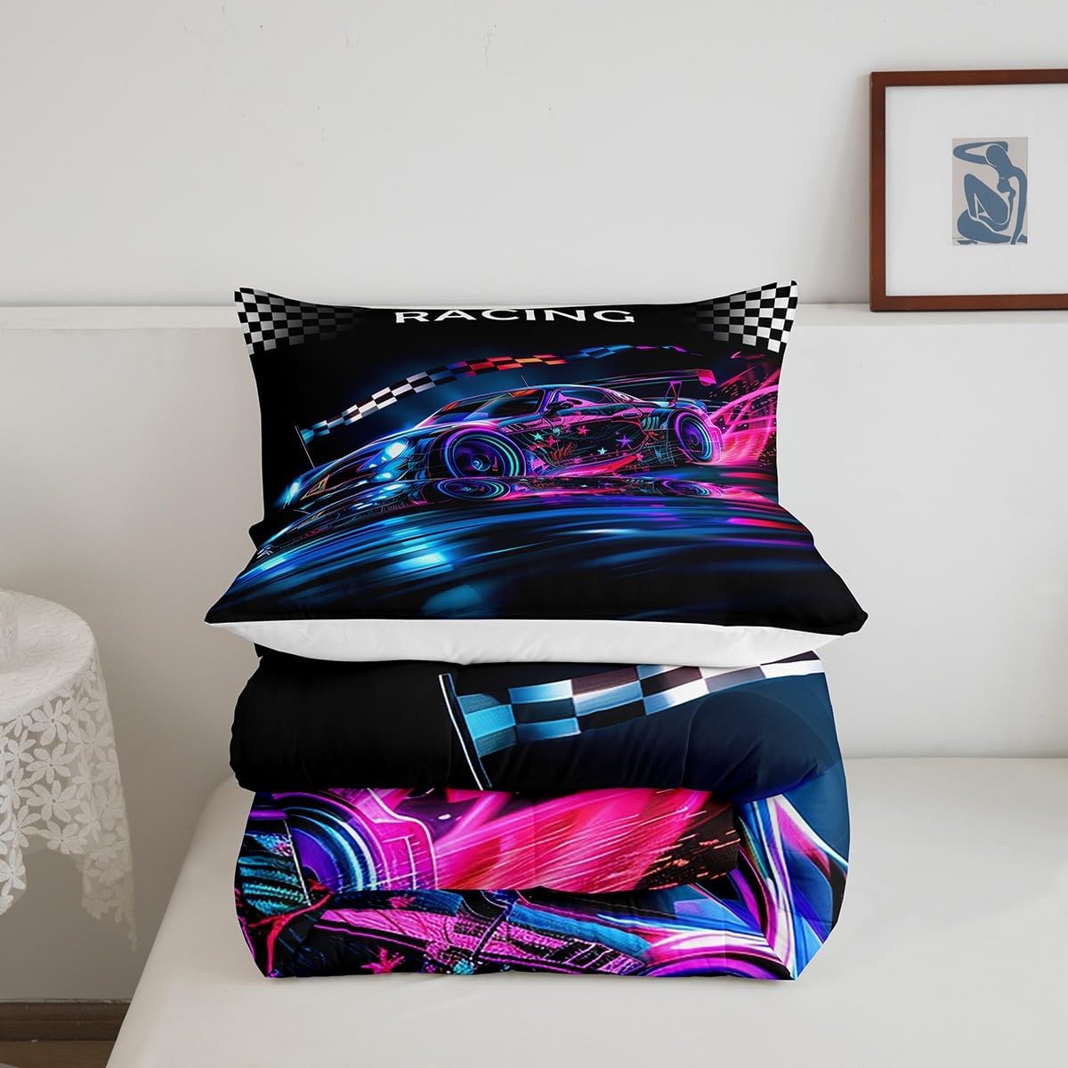Castle Fairy Drum Kit Comforter Set,Musical Instruments Bedding Set for Kids Girls Women,Adults Rock Music Comforter,Neon Lighting Quilted Duvet Set Bedroom Collection Twin Size 2Pcs