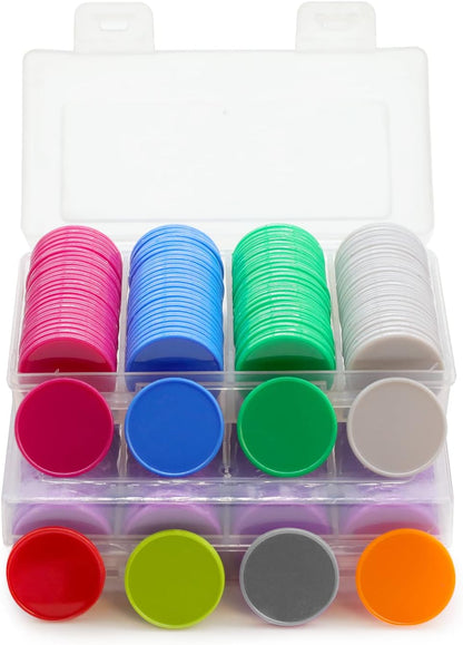 Set of 100 Opaque Plastic Learning Counters Mini Poker Chips Game Tokens with Storage Box (Black+White+Blue+Purple, 1 Inch)