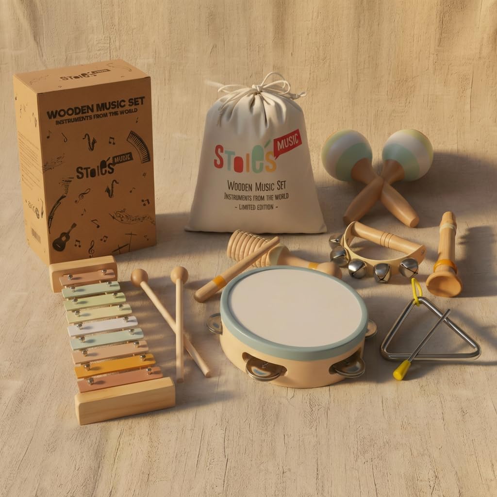 Stoie's Wooden Toddler Musical Instruments with Drum, Hand Bells, Flute, Maracas, Castanet, Tamburine, for Babies and Kids, Eco Friendly Montessori Educational Toy