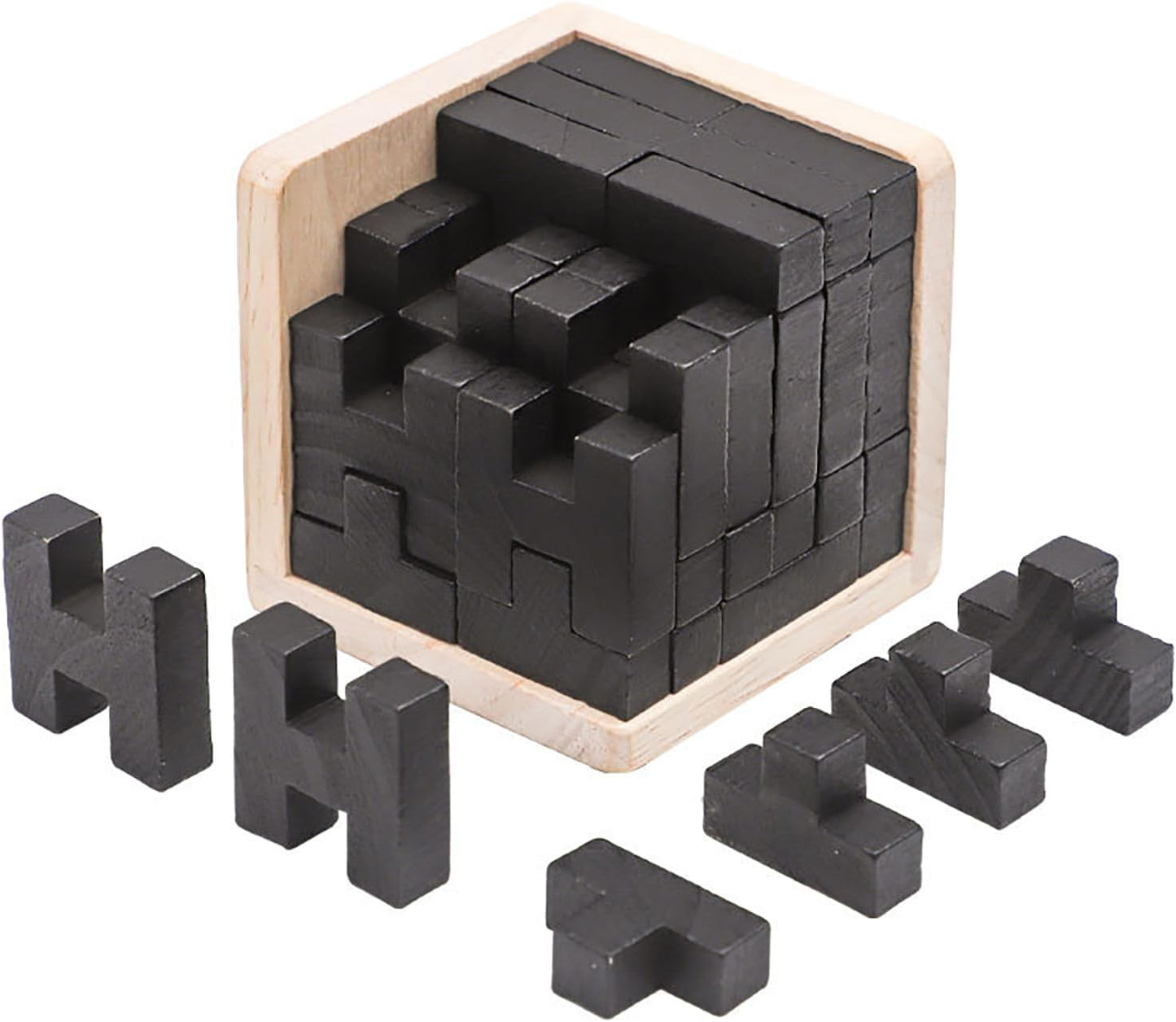 Wooden Brain Teaser Puzzle Skills Builder Shape Pieces Educational Toy for Kids and Adults (Black T and H Shape)