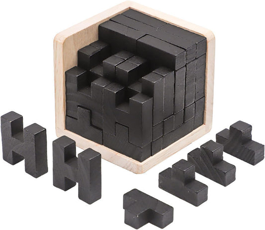 Wooden Brain Teaser Puzzle Skills Builder Shape Pieces Educational Toy for Kids and Adults (Black T and H Shape)