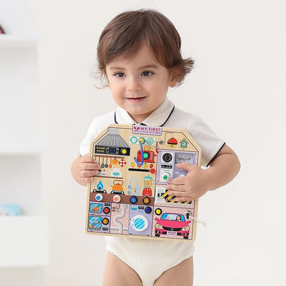JAUNTY Montessori Wooden Busy Board for Toddlers 3 4 5 Years Old, Wooden Sensory Toddler Toys with LED Light Switches, TV Radio Telegram and Car Driving, Travel Toys Birthday for Boys Girls