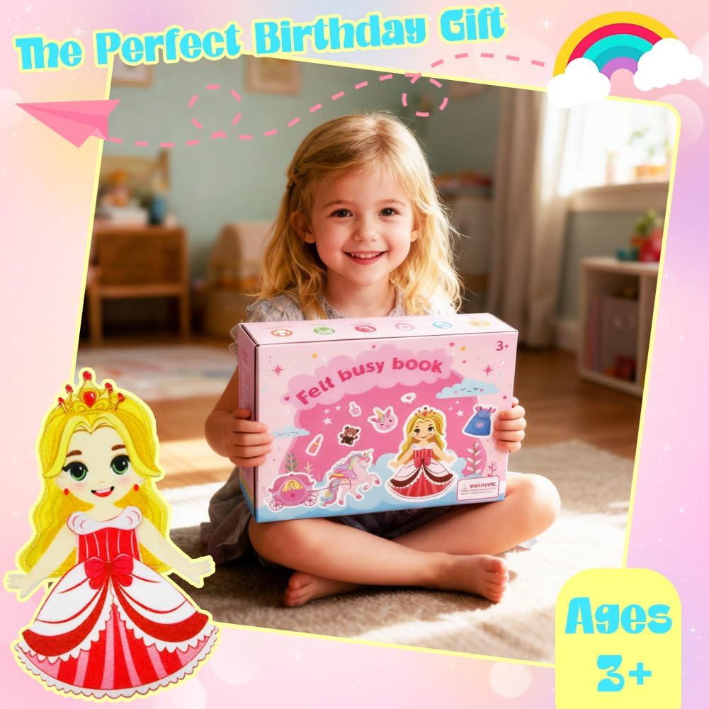 Montessori Busy Book for Toddlers 1-3, Unicorn Felt Busy Board for 1 Year Old Toddler Activity Book Princess Dress Up Educational Learning Sensory Toys Birthday Christmas Stocking Stuffers Gifts Girls