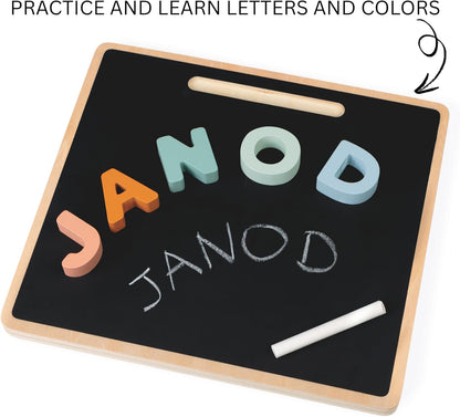 Janod - Sweet Cocoon Wooden Alphabet Learning Puzzle - Alphabet Learning - Stylish Stand-Up Letters - Enhances Language Skills, Boosts Self-Confidence - Includes Chalkboard Feature.