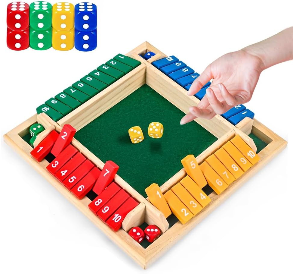 1-4 Players Shut The Box Dice Game, 10 Numbers Traditional Wooden Pub Bar Board Family Table Mat Game Dice for Adults