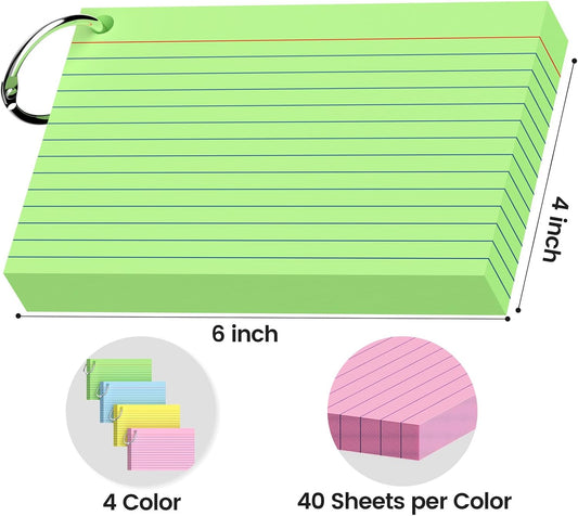 250 Count Colored Index Cards 3x5 Inch with Key Ring, 180gsm Heavy Weight Flash Cards 5 Color (50 Sheets Each) Portable Note Taking for Students, Teachers, Study Note Cards for Office School Supplies