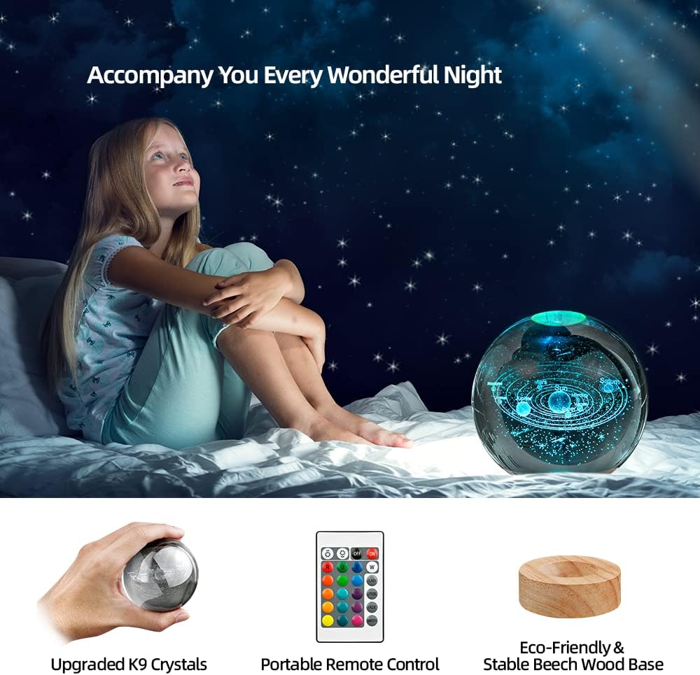 3D Solar System Crystal Ball Night Light with 16 Color LED Wooden Base, Upgraded 3.15 Inch Galaxy Planets Glass Ball Lamps with Remote for Birthday Christmas, Astronomy Space Gifts for Boys Girls