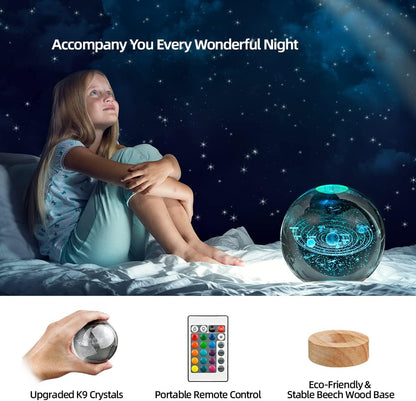 3D Solar System Crystal Ball Night Light with 16 Color LED Wooden Base, Upgraded 3.15 Inch Galaxy Planets Glass Ball Lamps with Remote for Birthday Christmas, Astronomy Space Gifts for Boys Girls