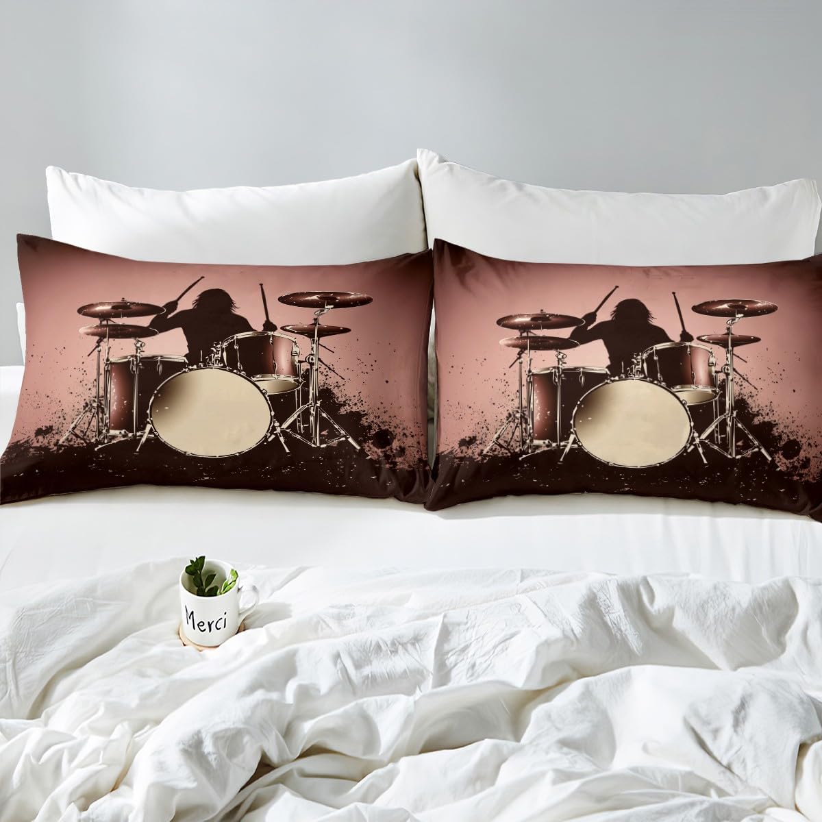 Drum Kit Comforter Cover Abstract Musical Instruments Bedding Set for Kids Boys Teens,Pop Music Duvet Cover Modern Rock Quilt Cover, Teal Laser Light Bedroom Decor Twin Size Blue Green Black