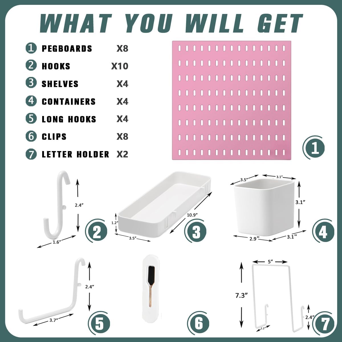 MULSAME Pegboard Combination Kit, Wall Mounted Storage Set with 8 Pegboards & 32 Accessories Hanging, White Peg Boards Organizer for Walls Display, Crafts Organization, Kitchen Organizer, 22" x 44"