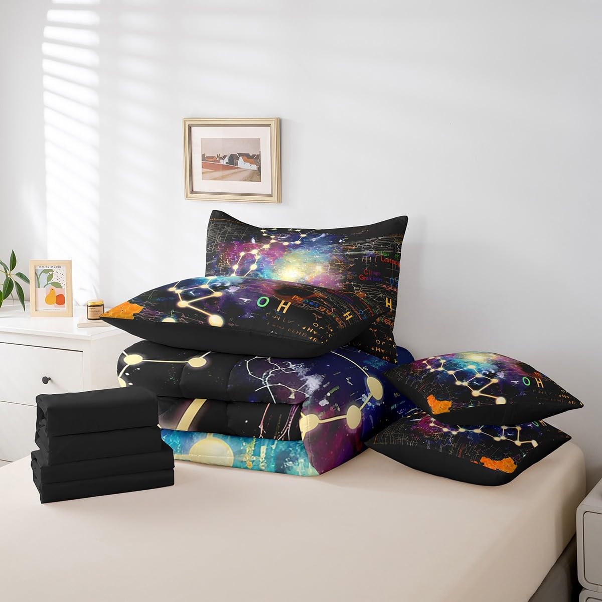 Erosebridal Chemical Equation Bed in a Bag Queen Comforter Set 7 Piece,Chemistry Bedding Sets Science Students Learning Gift Sheet Set with Comforter,Molecular Formula Education Bed Set - Colors A