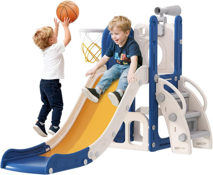 Babytronic Toddler Slide, 6 in 1 Kids Indoor Slide for Toddlers 1-3, Baby Indoor and Outdoor Climber Playset, Kids Slide with Basketball Hoop and Telescope, Toddler Outdoor Playground (Blue&Yellow)