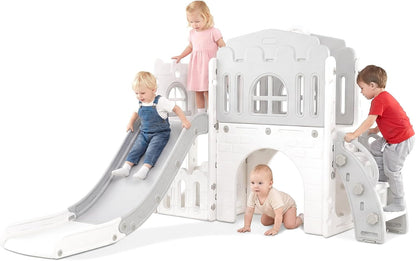 OLAKIDS Toddler Slide and Swing Set, 7 in 1 Kids Indoor Outdoor Playground with Climber Basketball Hoop Telescope Toy Storage for Boys Girls Aged 1+ (Grey)