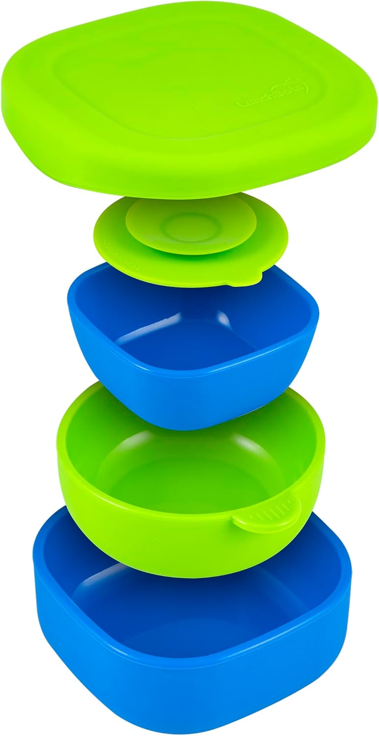 LunchBots Silicone Suction Bowl for Baby & Toddler, Stackable Nesting Bowl Set of 3 with Lid for Feeding, Portable Travel Bowls, Dishwasher Safe, 5/8/17 oz (Blue/Green)