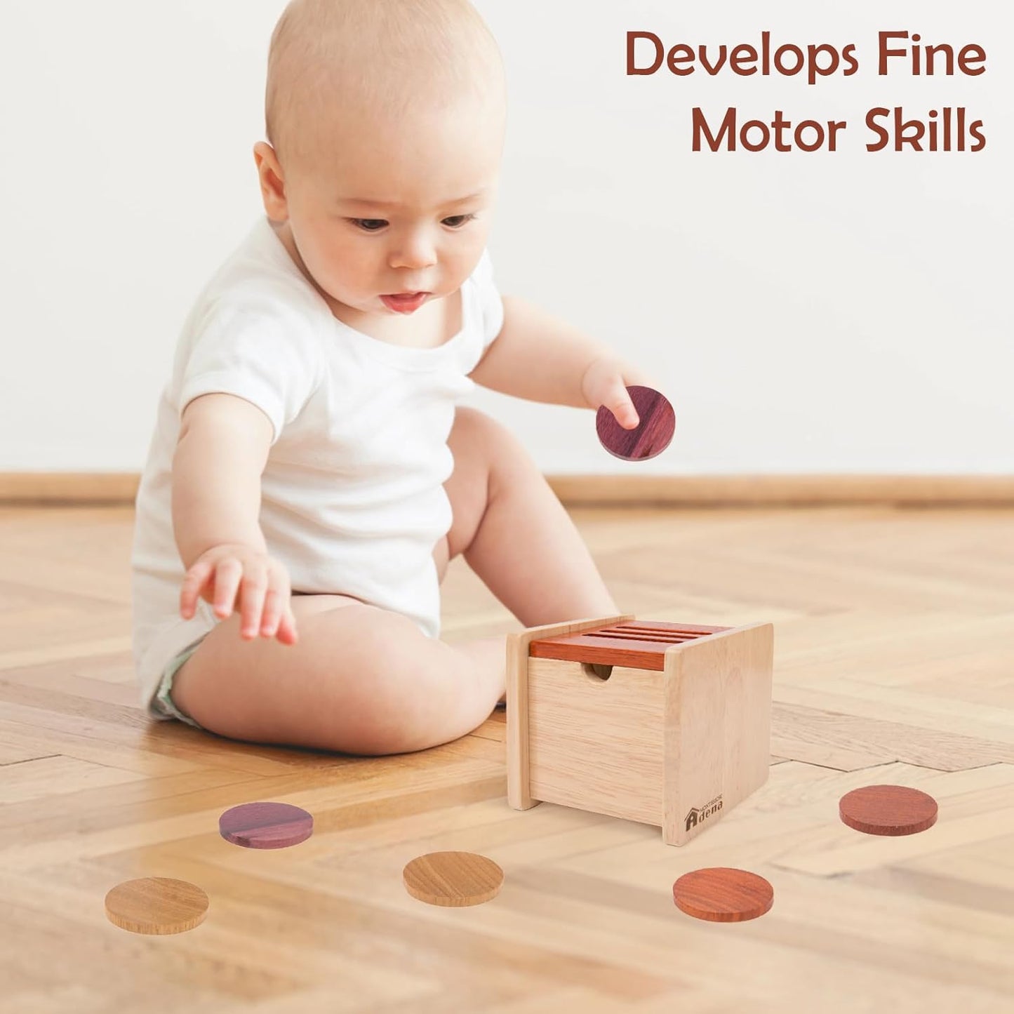 Adena Montessori Coin Box -Natural Wood Double-Sided Object Permanence Box Toy for 1-Year-Old Babies, Wooden Montessori Developmental Toy for 6-12 Month, Early Learning Gift