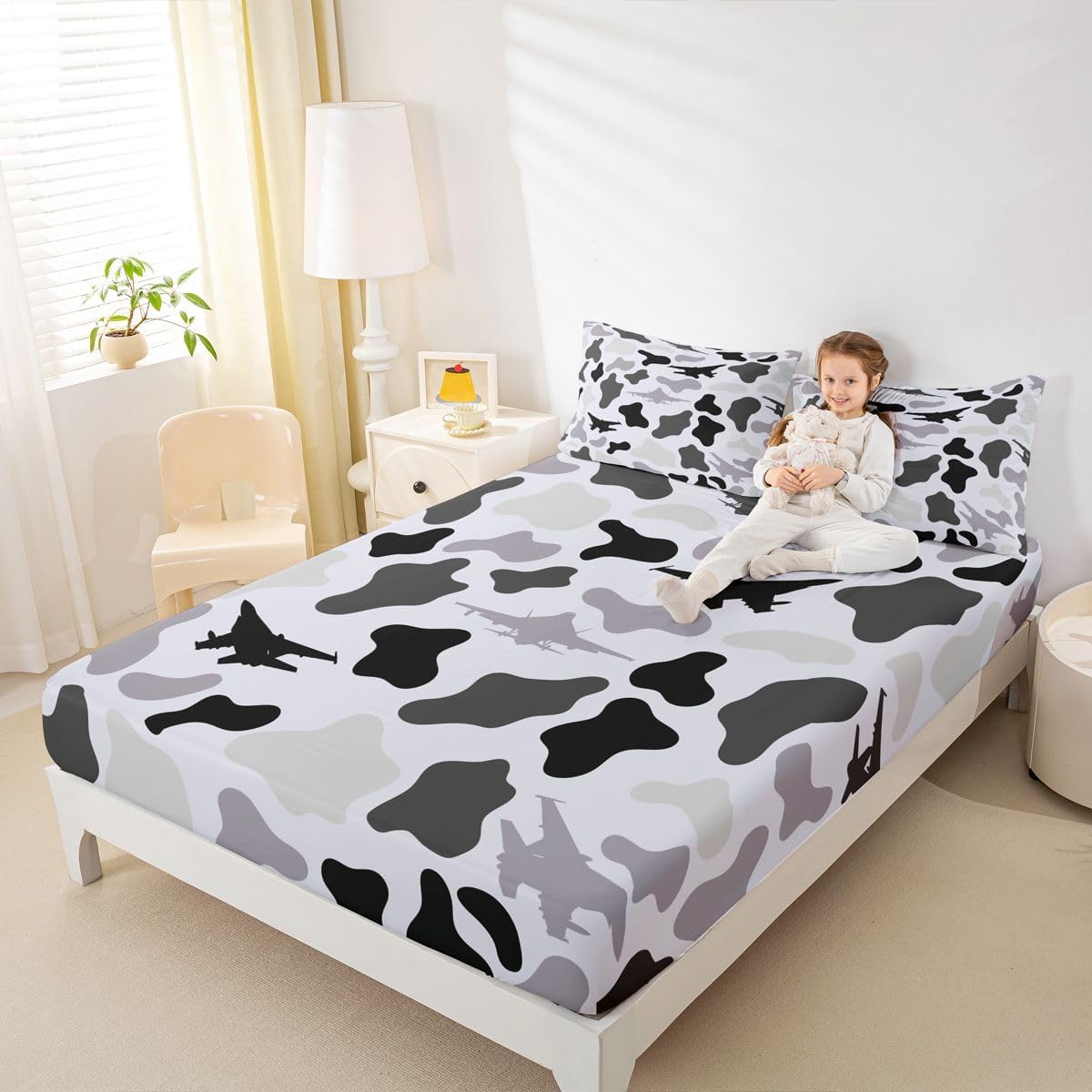 Manfei Musical Kids Fitted Sheet Full Size, MusicalGuitar Radio Drum Kit Headset Print Bedding Set 3pcs for Boys Girls, Rock Music Bed Cover with 2 Pillowcases, Soft Polyester Bedding, No Top Sheet