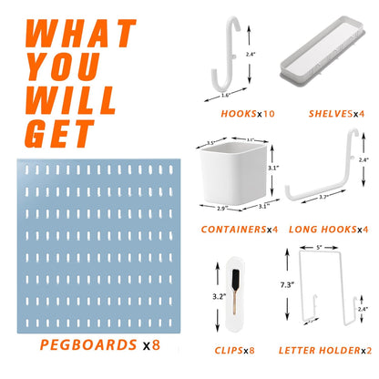 Pegboard Combination Kit, 8 Peg Boards and 30 Accessories Modular Hanging Black Pegboard for Walls, Office Wall Organizer, Keys Holder on Wall, Nursery Storage, 44"x22" Black
