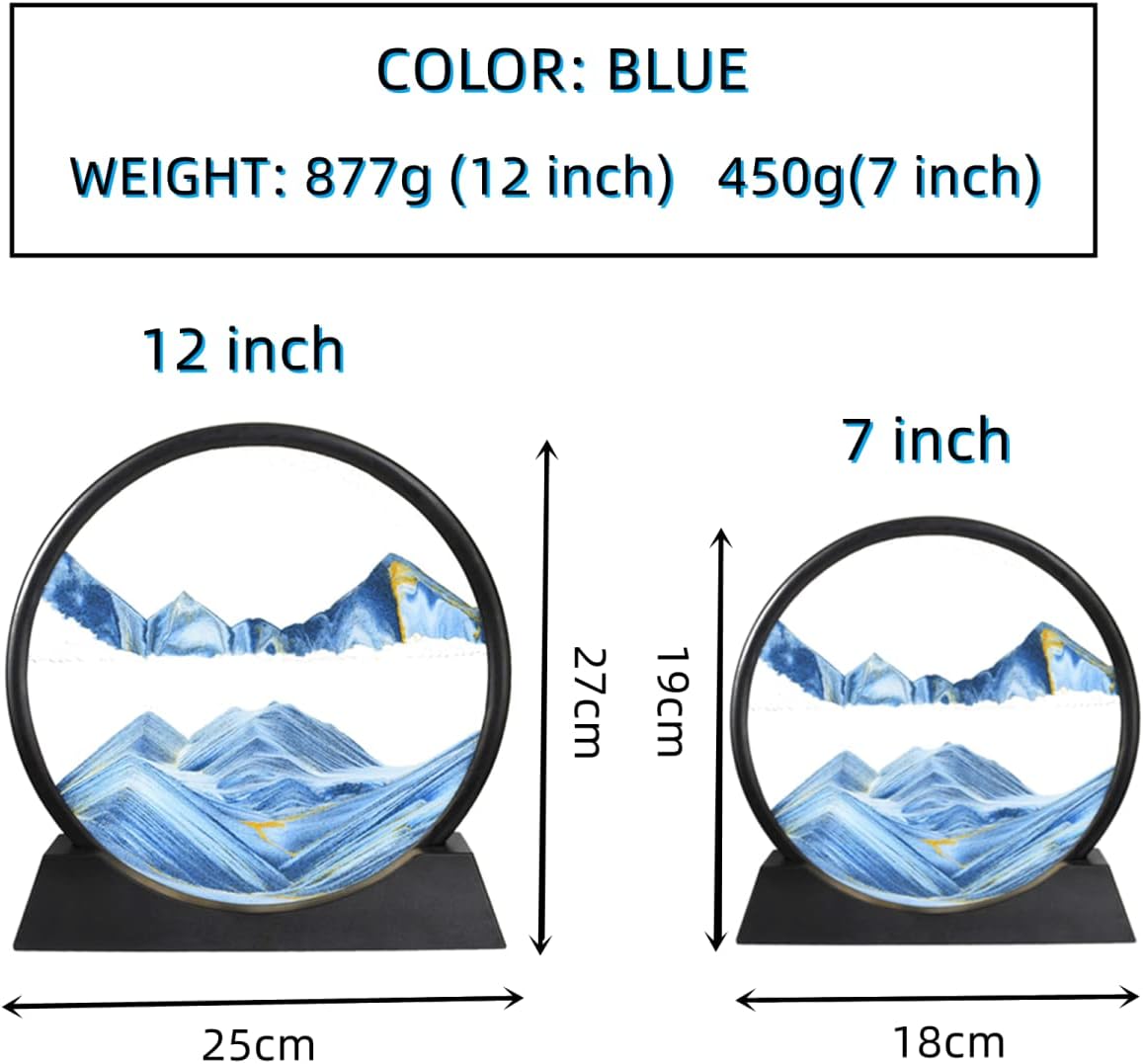 BGFJYUK Moving Sand Art Picture in Motion, Round Tempered Glass 3D Deep Sea Sandscapes with Display Flowing Sand Frame for Relaxing Desktop Home Office Work Décor for Kids Adults （Blue, 7inch