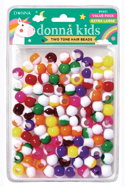 DONNA Kids Two Tone Hair Beads – Extra Large Pony Beads for Braids, Twists & Ponytails – Assorted Colors with Threading Tool – Value Pack for Girls