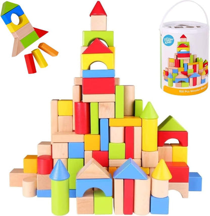 Pidoko Kids Wooden Blocks - 100 Pcs - Building Blocks for Toddlers - Includes Storage Container with Shape Sorter Lid - Natural Beech Wood Blocks - Preschool Learning Toys Stacking Block