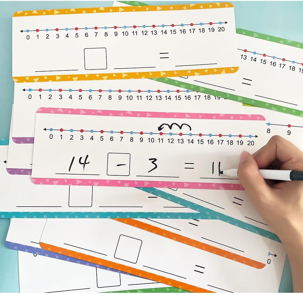 Lachilly Addition & Subtraction Number Line Dry Erase Cards Math Manipulatives Board for Kids Students Classroom Home Write and Wipe 3.46" x 10.5", 8Pcs for 0-10, 8Pcs for 0-20