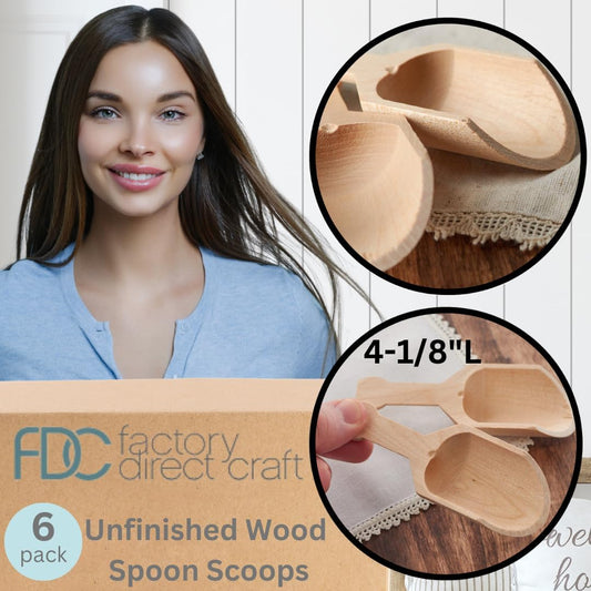 Unfinished Wood Spoon Scoops Set of 6 by Factory Direct Craft for Bath Salts, Sugar Scrubs, Spices or Educational Sensory Bins - 4-1/8 Inches Long