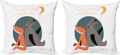 Ambesonne I Love You Throw Pillow Cushion Cover Pack of 2, Bear and Fox in Love Counting Stars at Night Animal Birthday Print, Zippered Double-Side Digital Print Decor, 20", Orange Slate Blue Grey