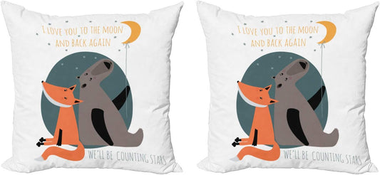 Ambesonne I Love You Throw Pillow Cushion Cover Pack of 2, Bear and Fox in Love Counting Stars at Night Animal Birthday Print, Zippered Double-Side Digital Print Decor, 20", Orange Slate Blue Grey