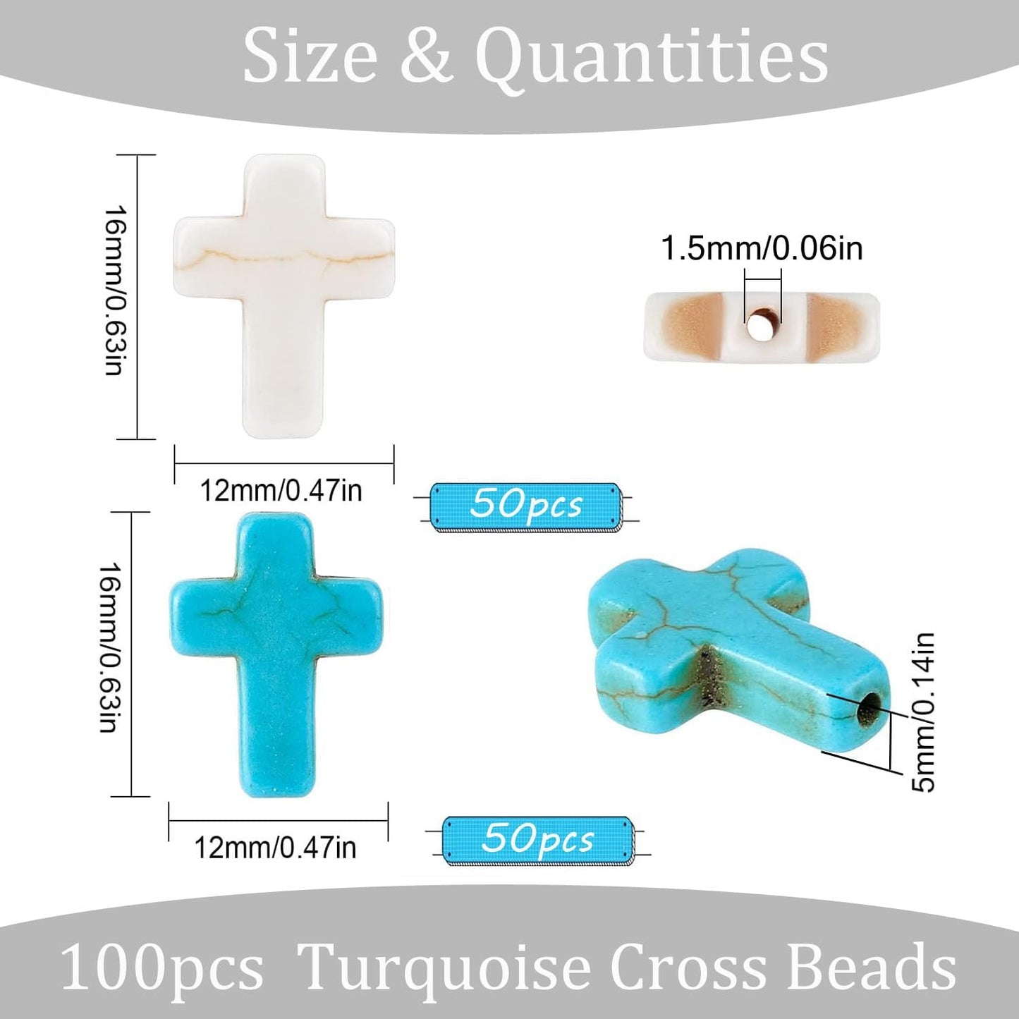 100pcs Blue and White Turquoise Cross Spacer Beads 8x10mm Semi Precious Stone Bead Easter Cross Gemstone Loose Beads for Jewelry Making Charms Beading Bracelets Necklaces Earrings Crafts