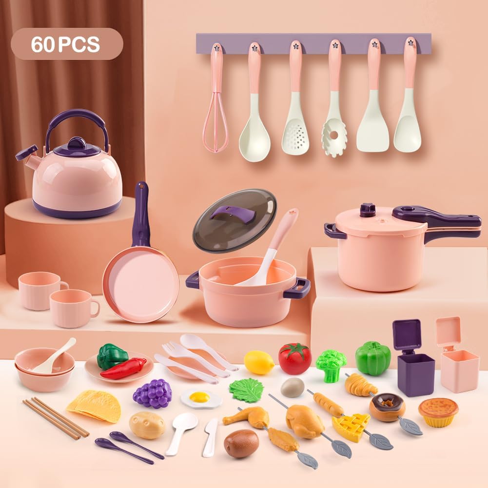 60Pcs Kids Mini Play Kitchen Accessories, Pretend Cooking Play Set with Cookware, Tableware & Fruit & BBQ Sets, Learning Gift for Boys, Girls, Toddlers,Yellow